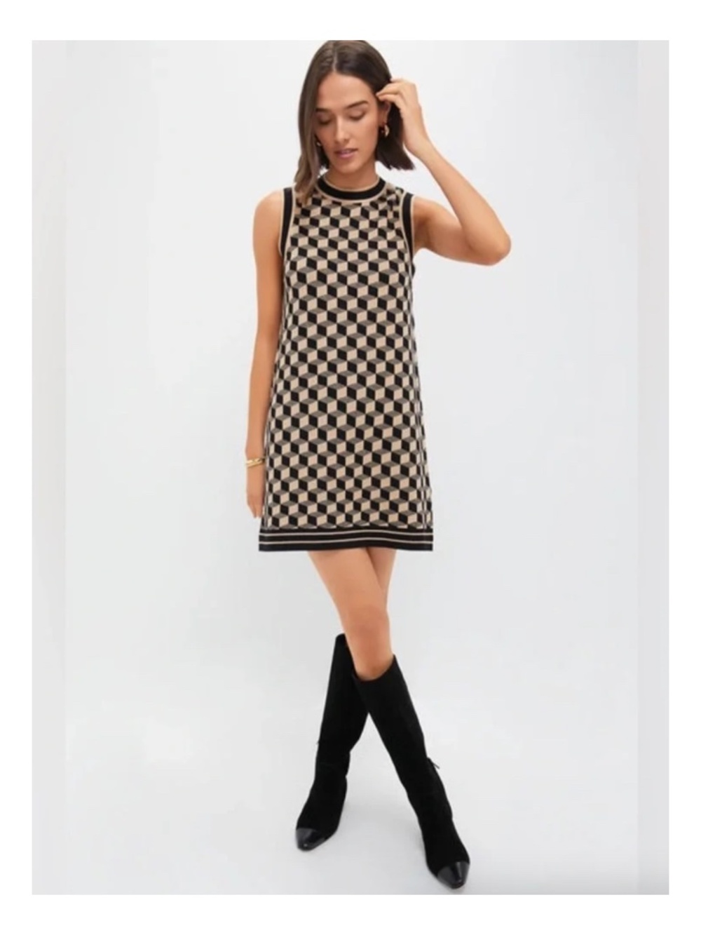 Camila Coelho Geometric Knit Mini Dress Black Tan Women’s Size Small